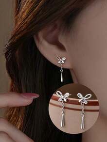 Of Stylish And Elegant Bow Tassel Drop Sterling Silver Earrings For Women, Cute Earrings, Exquisite Jewelry, Birthday Gifts, Daily Wear - 銀色 - 查看 6