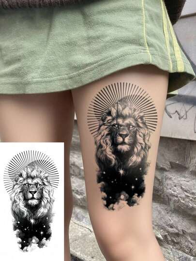 1 hoja de tatuaje temporal de gran tamaño, unisex, con patrón geométrico moderno de león con halo en negro. Tatuaje falso impermeable que dura de 2 a 5 días, puede cubrir cicatrices y se puede usar en brazos, muñecas, hombros, piernas, cintura, cuello, manos, pecho, muslos, dedos, tobillos y otras partes. Adecuado para fiestas, regalos, vacaciones, decoración corporal y otras ocasiones.