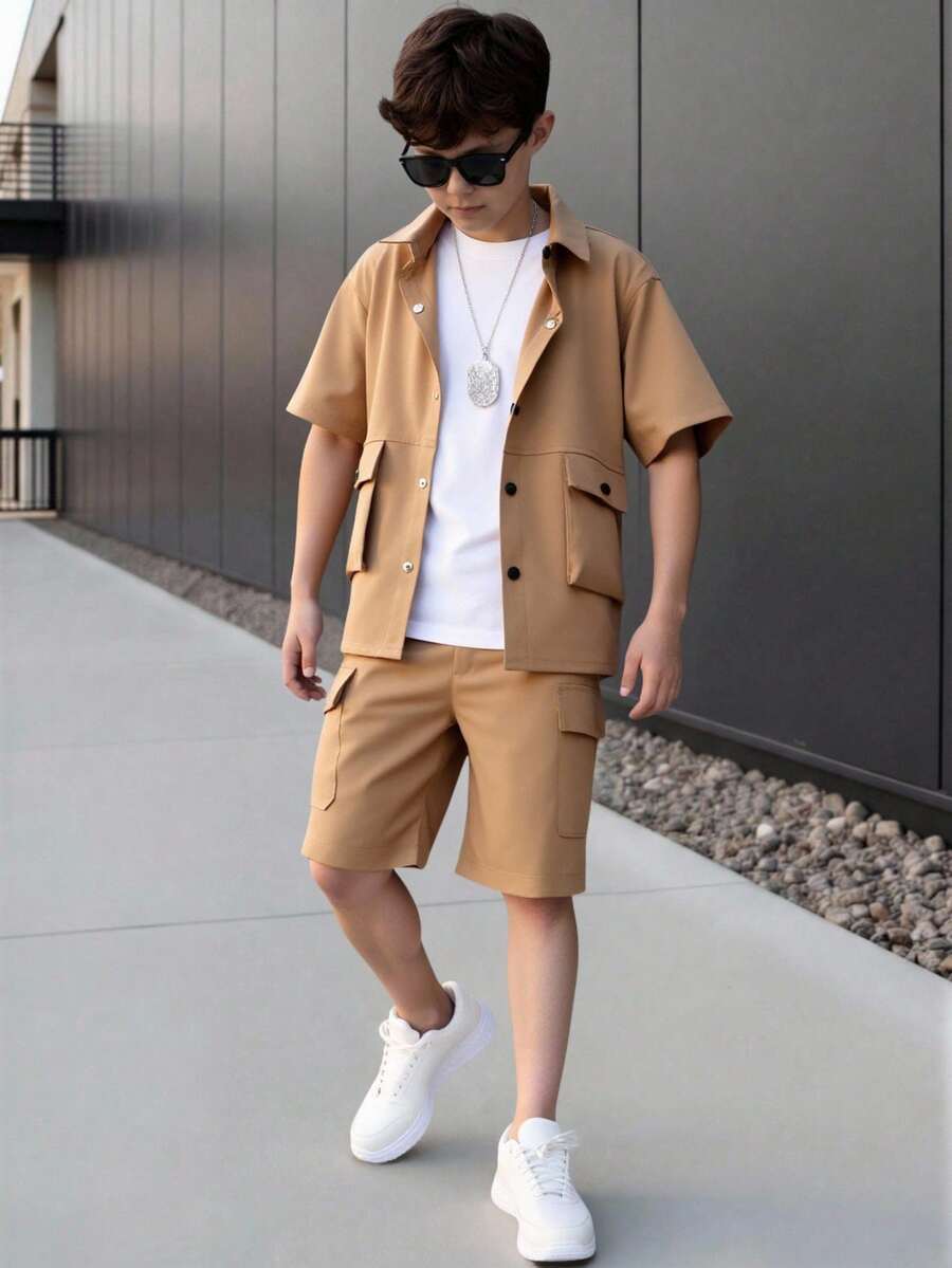 Conjunto de camisa de manga corta con cuello y pantalones cortos de moda informal y de trabajo para niños, primavera/verano - Caqui - Ver 1