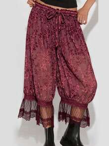 Womens Harem Pants Velvet Floral Print Ruffle Waist Lace Trim Capri Trousers - 酒紅色 - 查看 4