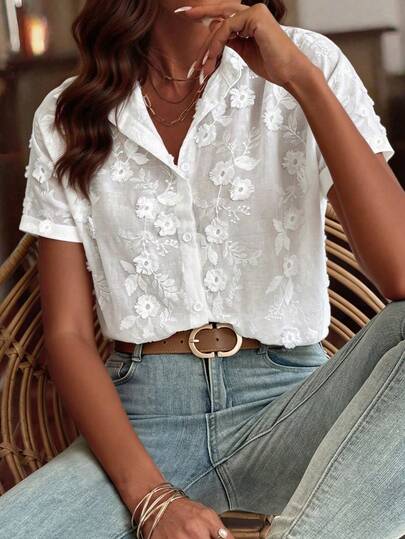  EARO Women's Short Sleeve White Embroidered Floral Collared Shirt, Regular Length, Non-Stretch Fabric Summer