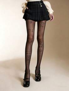 1双黑色薄纱丝袜，莲花印花，性感花卉图案，日常穿着 - 彩色 - 查看 5