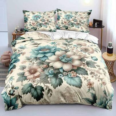 2/3pcs 3D Print Vintage European Large Floral Duvet Cover Set Cream White Base Lake Blue Pink Beige Bloom Olive Green Leaf Oil Painting Style Pattern Bedding Set Rustic Country Luxe Calm Comforter Cover Set (Size 135x200 Only 1 Pillowcase)