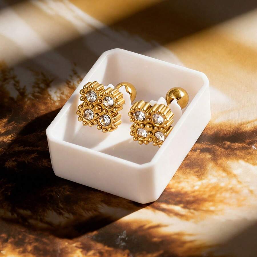 1 Đôi bông tai đinh tán hình hoa bốn lá bằng thép không gỉ, đính đá Cubic Zirconia, thiết kế unisex, thích hợp làm quà tặng Lễ Tạ ơn, ngày lễ, Ngày của Mẹ, quà cho vợ hoặc bạn bè. - bông tai hình học - Xem 1