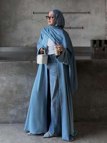 Áo Abaya dài thanh lịch dành cho nữ, được làm từ chất liệu vải dệt kim thoải mái, thiết kế tay dài thông thường với độ co giãn nhẹ, thời trang và đa năng. - Màu xanh lam - Xem 2