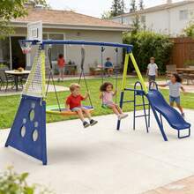 Swing Sets For Backyard, Heavy-Duty Swing And Slide Set, 440lbs 5 In 1 Outdoor Swing Set With Slide, Saucer Swing, Swing Seat, Soccer Goals And Basketball Hoop, Outdoor Playset Suitable For Kids,Yellow,Blue - 彩色 - 查看 11