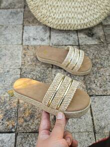 Dép xăng đan đế bằng thời trang trẻ em, dép lê đế dày hở mũi bằng rơm mềm mại mới cho bé gái mùa hè. - Vàng - Xem 5