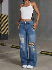 Quần jeans nữ dáng suông, ống đứng, rách nhẹ, dài đến mắt cá chân, dáng rộng, chất liệu không co giãn. - Màu xanh lam - Xem 3