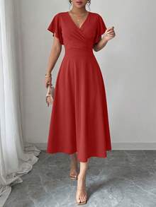 Women's Summer Mid-Length Dress Ruffled Sleeve Covered V-Neck Elegant Wedding Party Swing A-Line Slim Flared Dress - Red - View 5