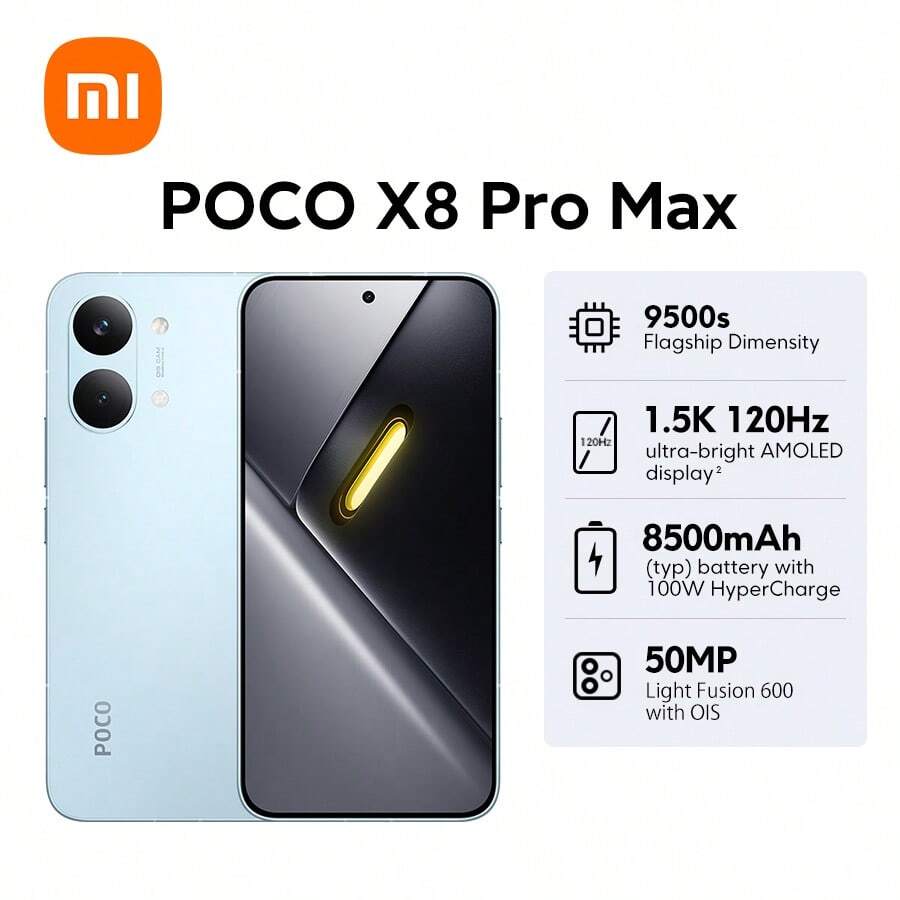 Xiaomi 全球首发 POCO X8 Pro Max 5G 智能手机，支持 NFC，搭载小米 HyperOS 3 旗舰版，采用天玑 9500s 3nm 制程工艺，LPDDR5X 6400Mbps + UFS 4.1 内存，金属机身，配备 8500mAh 大容量电池，支持 100W 超级快充和最高 27W 反向充电，6.83 英寸 1.5K 120Hz 2772 x 1280 超亮 AMOLED 显示屏，支持 Wet Touch Display 2.0 技术，5000 万像素 Fusion Pixel 1/1.95 英寸超大传感器，支持 OIS 光学防抖，IP68 级防尘防水，支持 Wi-Fi 7。