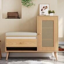 Shoe Cabinet, Rattan Hall Bench With Shoe Storage & Seat Cushion – Multifunctional Entryway Bench With Drawers & Open Compartments, One Cabinet Door - Natural - View 3