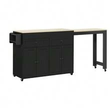 Kitchen Island On Wheels, Extendable Dining Area Kitchen Island With Worktop And Drawers, Mobile Freestanding Kitchen Island, Ideal For Kitchen And Dining Room - Black - View 9