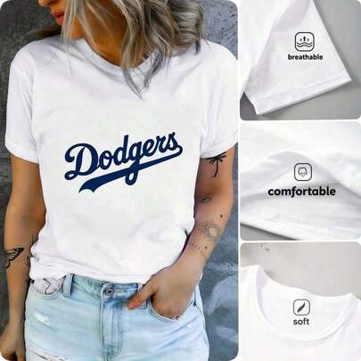 Camiseta con Estampado del Logo de los Dodgers, Transpirable, Cómoda y Suave, Ropa Casual de Verano, a la Moda, Patrón Geométrico, Corte Regular, Lavable a Máquina, Comodidad para Todas las Temporadas, Camisetas de Navidad