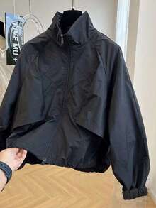 女士黑色立领防风夹克，时尚休闲百搭飞行员夹克，春秋季 - 黑色 - 查看 5