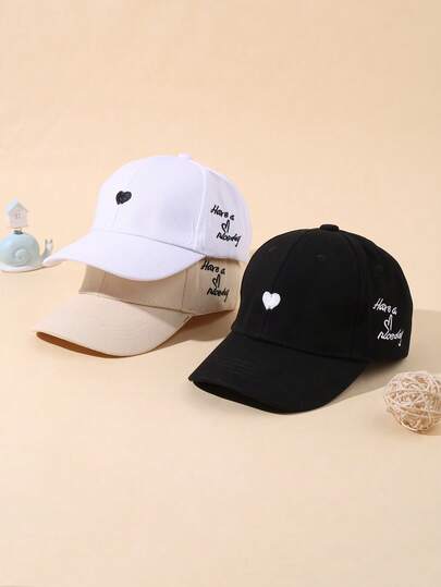 3pcs Infant Heart & Letter Embroidered Cotton Adjustable Sun Protection Cute Casual Baseball Cap For Spring Summer Outdoor