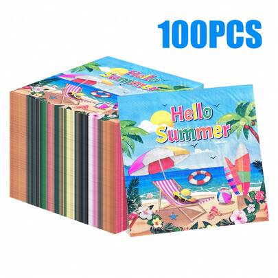 100/60/20pcs 13 * 13 Inch Disposable Napkins With The Theme Of Summer Beach, Printed With The Words "Hello Summer", Paired With Beach Chairs, Umbrellas, Surfboards, Lifebuoys, Palm Trees, And Seaside Scenery, Suitable For Summer Beach Parties, Pool Parties, Tropical Themed Gatherings, Birthday Parties, Outdoor Picnics, Camping, Restaurants, And Cafes For Summer Decoration And Decoration