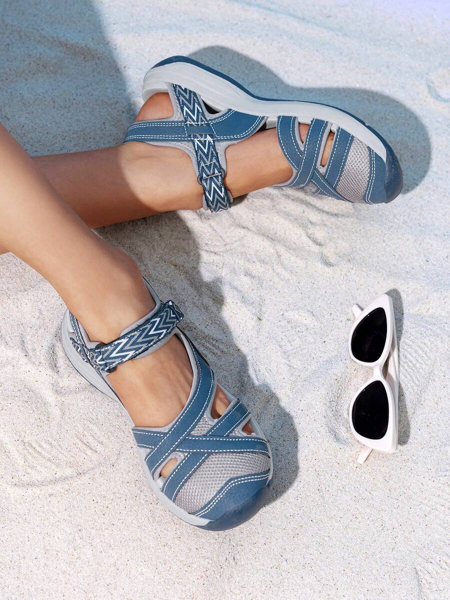 Women Summer Sport Athletic Sandals, Soft Bottom Beach Sandals  With Hook-And-Loop, Sporty Outdoor Hiking Sandals - Màu xanh bụi bặm - Xem 1