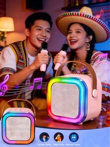 Altavoz de karaoke portátil con luces RGB coloridas, micrófono inalámbrico doble, cambio de voz (femenino, masculino, monstruo, bebé, original), máquina de karaoke para niños, ideal para fiestas en casa, campamentos al aire libre y regalos de cumpleaños para niños, compatible con Bluetooth, conexión a teléfono y TV, diseño de asa portátil para llevar fácilmente. - Rosa - Ver 5
