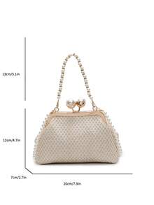 1件米色新款时尚单肩夹扣珍珠贝壳包，女士编织沙滩斜挎包，完美沙滩吻锁顶部手提包 - 米色 - 查看 12