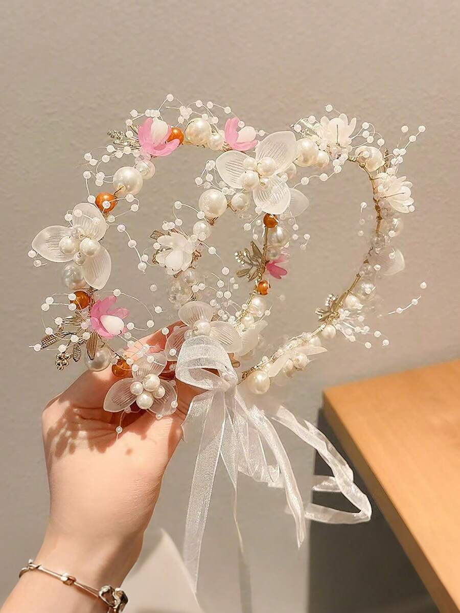 1PC Elegant Romantic Spring/Summer Floral Headband With Flower And Leaf Design Ribbon Hair Accessory, Wedding Bride Headpiece, Birthday Party Hair Accessory, Performance Hairband, Forest Style Hair Decoration - View 1