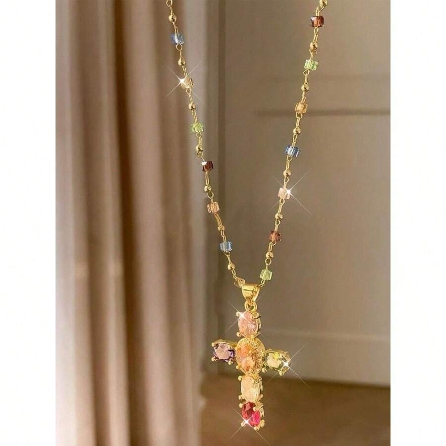 1pc Y2K Gold Plated Rainbow Colorful Cross Pendant Necklace Women Elegant Fashion Necklace Hip Hop Party Music Festival Jewelry Gift For Girlfriend Lover Couple - 彩色 - 查看 1