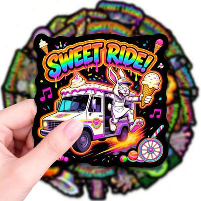 50张卡车兔子乙烯基贴纸，酷炫亮丽防水贴纸，适用于水瓶、笔记本电脑、滑板、手机壳、保温杯、笔记本、自行车车架、保温箱、日记本封面、派对礼品、青少年和成人美学装饰、宿舍装饰、DIY工艺品、礼品袋、节日配饰、自我表达贴纸套装