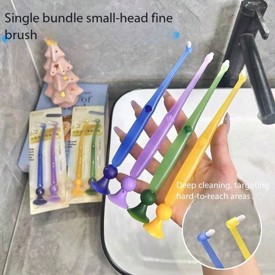 4 pièces Brosses à dents à poils souples avec ventouse, nettoyage en profondeur, ciblant les zones difficiles d'accès, convenant pour le nettoyage des sillons, des dents de sagesse, des espaces et des appareils dentaires - Multicolore - Voir 1