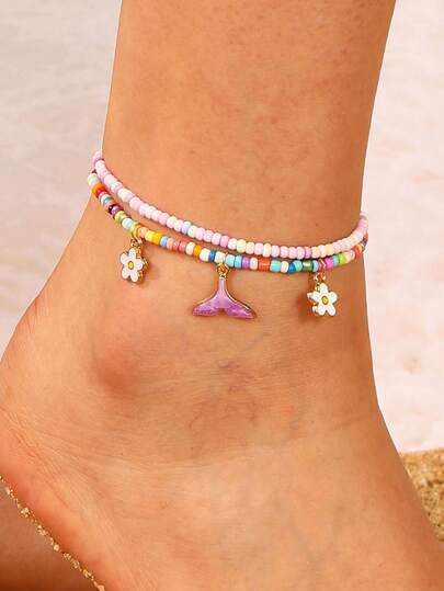 2件/套 波西米亚风随机颜色聚合物粘土绿松石海龟和鱼尾吊坠珠弹性多层脚链配饰