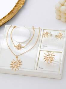 Bộ trang sức tối giản hình xoắn ốc mặt trời được chế tác thủ công, gồm vòng cổ, vòng tay, nhẫn và bông tai, phù hợp cho nữ giới đeo hàng ngày, đi chơi, du lịch, dự tiệc và các dịp lễ. - vàng - Xem 2