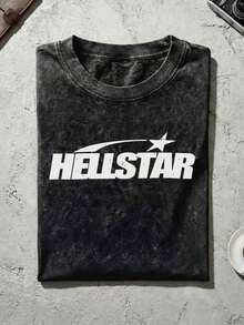 Blue Shooting Star Logo Graphic Tee Unisex Couple Matching Boyfriend Style Hell Star Double Sided Print Electric Color Y2K Aesthetic Acid Washed Cotton Graphic Tees Men Oversized T Shirt Summer Outfits Camisetas Para Hombre,Mens Clothes,Graphic Tee,Summer Clothes,Summer Tops,Easter Outfits,Spring Clothes ,Shirts - 黑色 - 查看 4