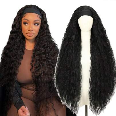 32 Inch Super Long Wavy Headband Wigs For Black Women Black Half Wig Throw On Go Glueless None Lace Front Synthetic Hair Daliy Use Cosplay