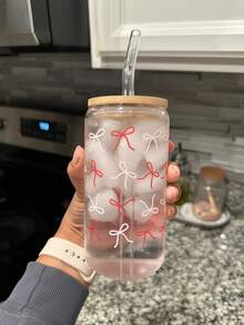 优雅粉色蝴蝶结冰抹茶玻璃吸管杯，罐形带盖吸管，蝴蝶结吸管杯，适用于咖啡、抹茶、果汁、茶、冷饮 - 彩色 - 查看 18
