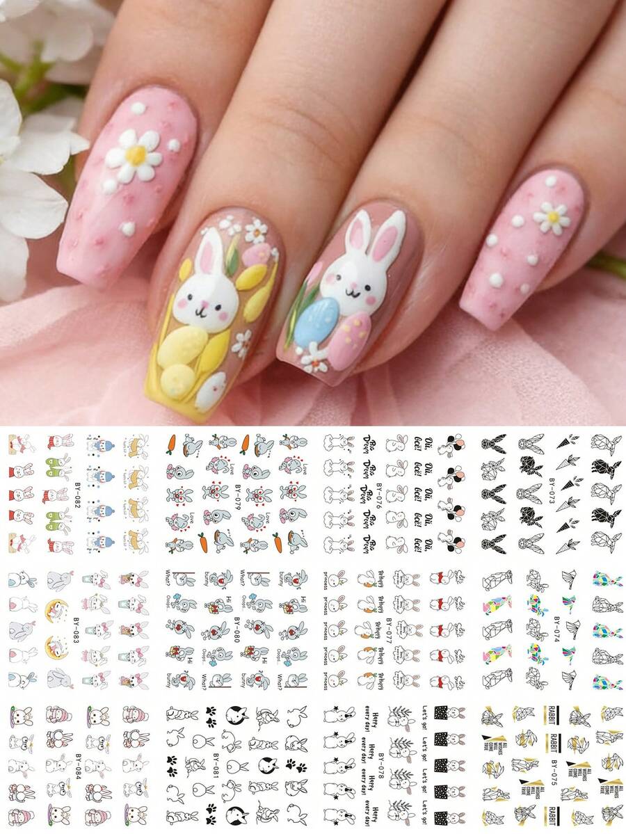 12款复活节美甲水贴纸,包含兔子、胡萝卜、线条、几何图案,可作为美甲贴纸、水印转印贴纸或DIY复活节美甲用品。 - 彩色 - 查看 1