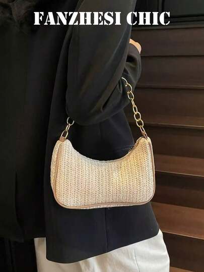 Woven Underarm Bag New Fashion Shoulder Handbag Beach Bag Women's Vacation Bag Straw Bag White And Khaki Color Block Crescent Bag Women's Elegant Small Handbag Wallet, Featuring Hardware Smooth Zipper Closure, Top Metal Chain Shoulder Strap Design, Versatile. The Interior Can Hold Daily Small Items Such As Lipstick, Keys, And Cosmetics, Suitable For Girls For Shopping, Business Trips, Dates, Travel, Daily Commuting, And Other Occasions.