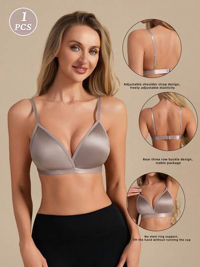 1pc Women's Summer French Triangle Cup Silk Wireless Bra, Removable Pads, Adjustable Straps, Casual Minimalist, Solid Color Deep V Bra For Daily Wear