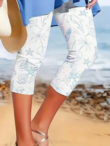 One Piece SpringSummer Vacation Style Printed Capri Leggings, Casual Capri Pants, Women's Tight Printed Pants - phong cách - Xem 4