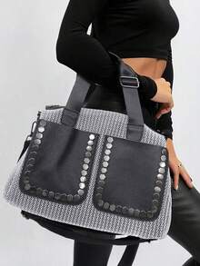 女士时尚Y2K网眼单肩包，大容量拼接铆钉复古斜挎包，多口袋都市街头风手提包，适合日常使用，是送礼佳品。新款女士手提包，女士礼物。 - 銀色 - 查看 2