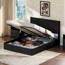 Modern Bed With Grooved Design And Hydraulic Lift System – Large Storage Space, Stable Solid Wood Slats, Easy-Care Surface – 160 X 200 Cm – Black - Black + 160cm*200cm - View 8