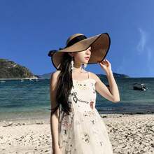 1 pièce Chapeau de paille à large bord avec bordure noire, décoré d'un nœud noir, convient pour la plage, les vacances, la protection solaire extérieure, les jours fériés, les voyages - Chapeau paille grosse vague gaze - Voir 7