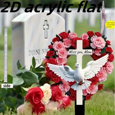 2D Acrylic Flat Dove And Rose Cross Memorial Garden Stake - Acrylic Outdoor Decor, Condolence Gift For Family Or Pets, Peaceful Gravesite Marker, Vibrant Colors, Realistic Design, Memorial Garden Decor | Design | Lifelike Appearance, Memorial Day Decoration, 2D Flat