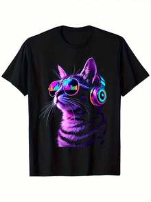 Maglietta neon fluorescente da uomo per DJ EDM - Morbida t-shirt girocollo nera con design di gatto viola e cuffie, lavabile in lavatrice, adatta per amanti della musica, outfit da rave, feste da ballo, abbigliamento casual estivo per festival e discoteche. - nero - Visualizzare 1