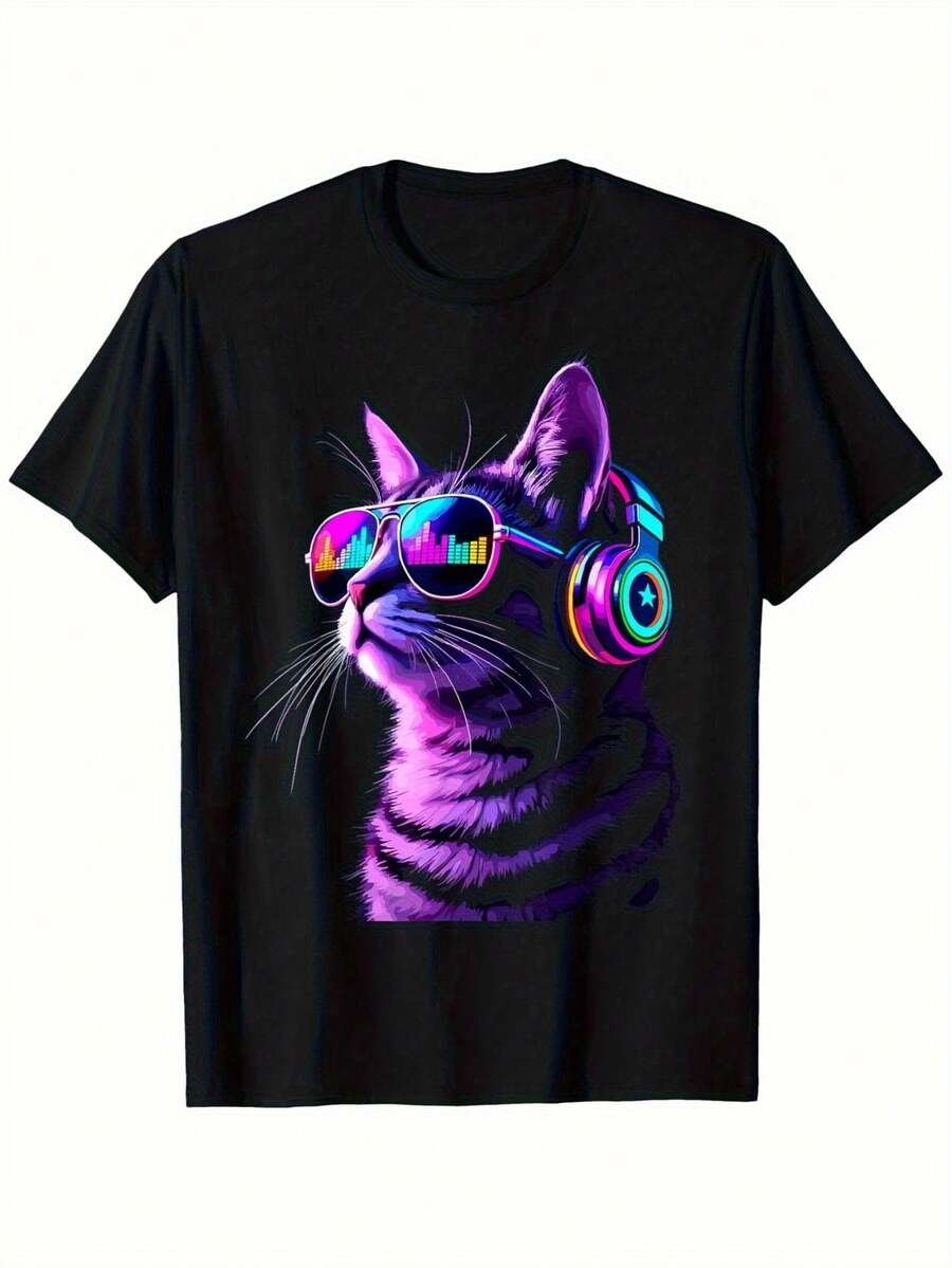 Maglietta neon fluorescente da uomo per DJ EDM - Morbida t-shirt girocollo nera con design di gatto viola e cuffie, lavabile in lavatrice, adatta per amanti della musica, outfit da rave, feste da ballo, abbigliamento casual estivo per festival e discoteche. - nero - Visualizzare 1