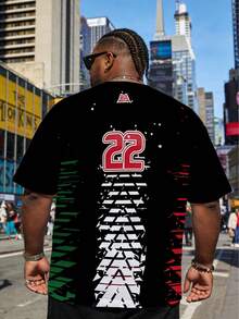 22 Mexiko Flagge Farbblock Herren Große Größen Kurzarm T-Shirt, Straßen Farbverlauf Muster Loose Fit Herren Große Größen Top, Lässiges Herren Große Größen T-Shirt im Hip-Hop Stil - Verschiedenfarbig - Übersicht 2
