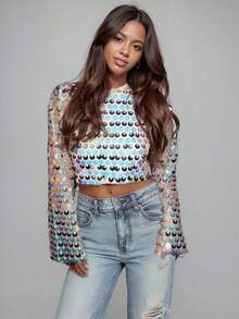Womens Sequin Flared  Long Sleeve Blouse Tops Long Sleeve Sequined Loose Fit Glitter Sparkly Bell Sleeve Crew Neck Shirts Summer Holiday Beachwear Party Clubwear - 銀色 - 查看 3