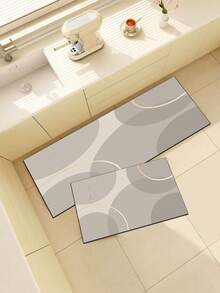 1pc Silica Gel Kitchen Floor Mat, Modern Minimalist Geometric Abstract Pattern, With Deep And Light Gray Blocks As The Base, Paired With Fine Concentric Circle Texture And Smooth Light Gold And White Curved Lines - Multicolor - View 2