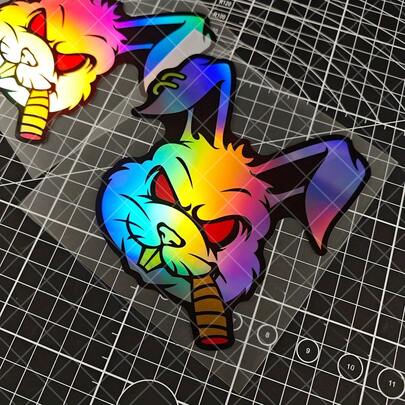 1pc Evil Bunny Sticker - Waterproof Vinyl Material With Fierce Glowing Eyes Rainbow Gradient Design, Laser Engraved Theme Suitable For Motorcycles, Scooters, Cars, Laptops, Helmets, Vehicle Personalization Accessories