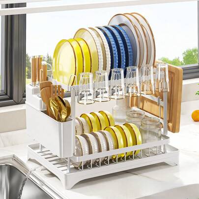 1 Set Escurridor de platos de metal de doble nivel con soporte para cubiertos, estante para tazas y bandeja de goteo, sin necesidad de perforar, ahorra espacio, resistente a la oxidación, organizador de almacenamiento de cocina resistente y duradero, fácil de limpiar, sostiene platos, tazas y utensilios