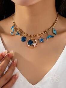 1件夏季海滩度假风海洋系列贝壳/海星吊坠别致设计魅力项链，适合女性日常佩戴 - 彩色 - 查看 2