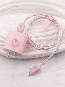 5pcs Pink TPU Peach Charging Adapter Protector Case, Suitable Compatible With Apple 13/14/15 18W/20W Charger And Data Cable Anti-Bending - Multicolor - View 4