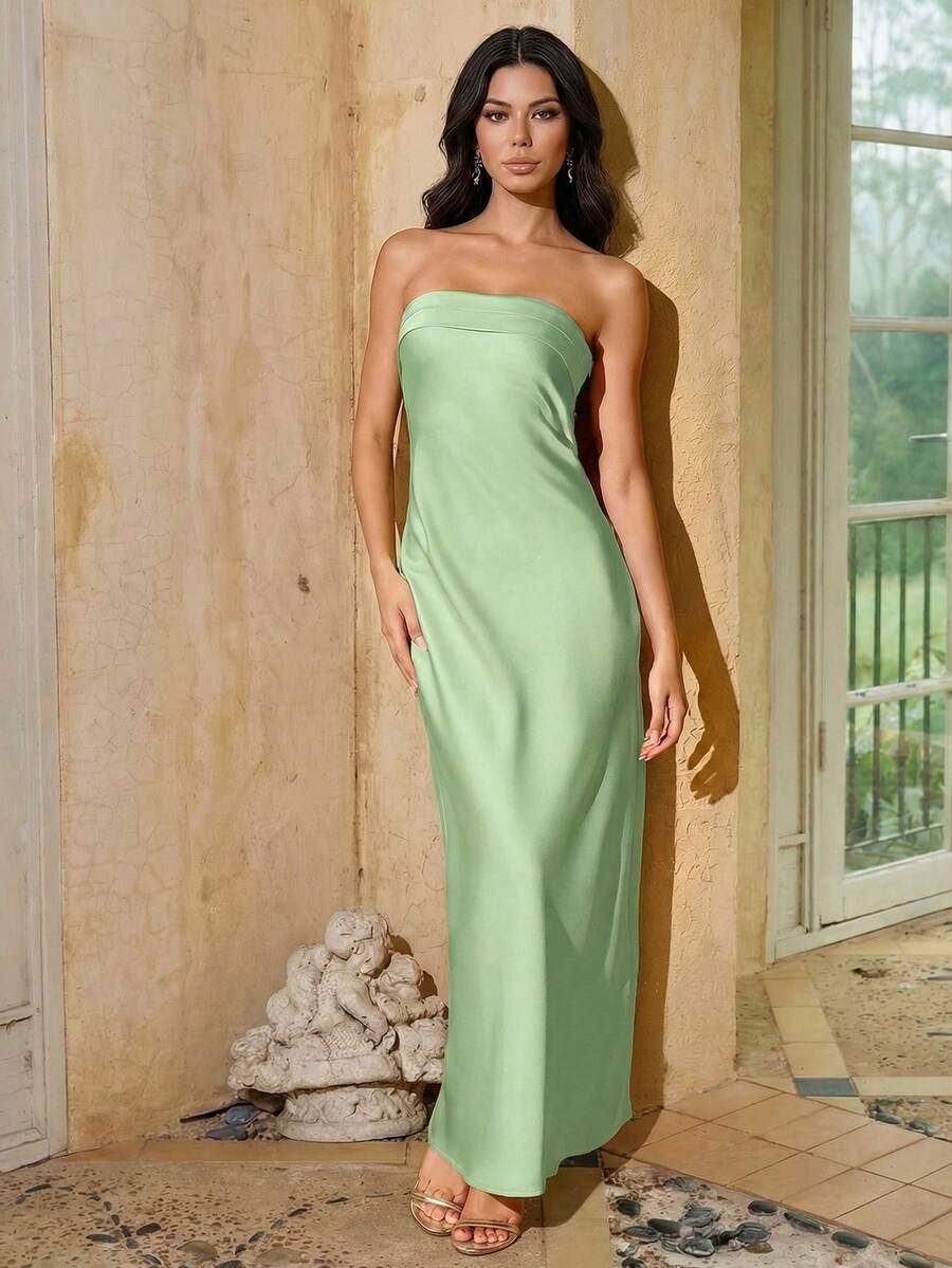 Women's Solid Color Strapless Dress, Suitable For Daily Wear, Parties, Dates, Weddings Spring - Avocado Green - View 1